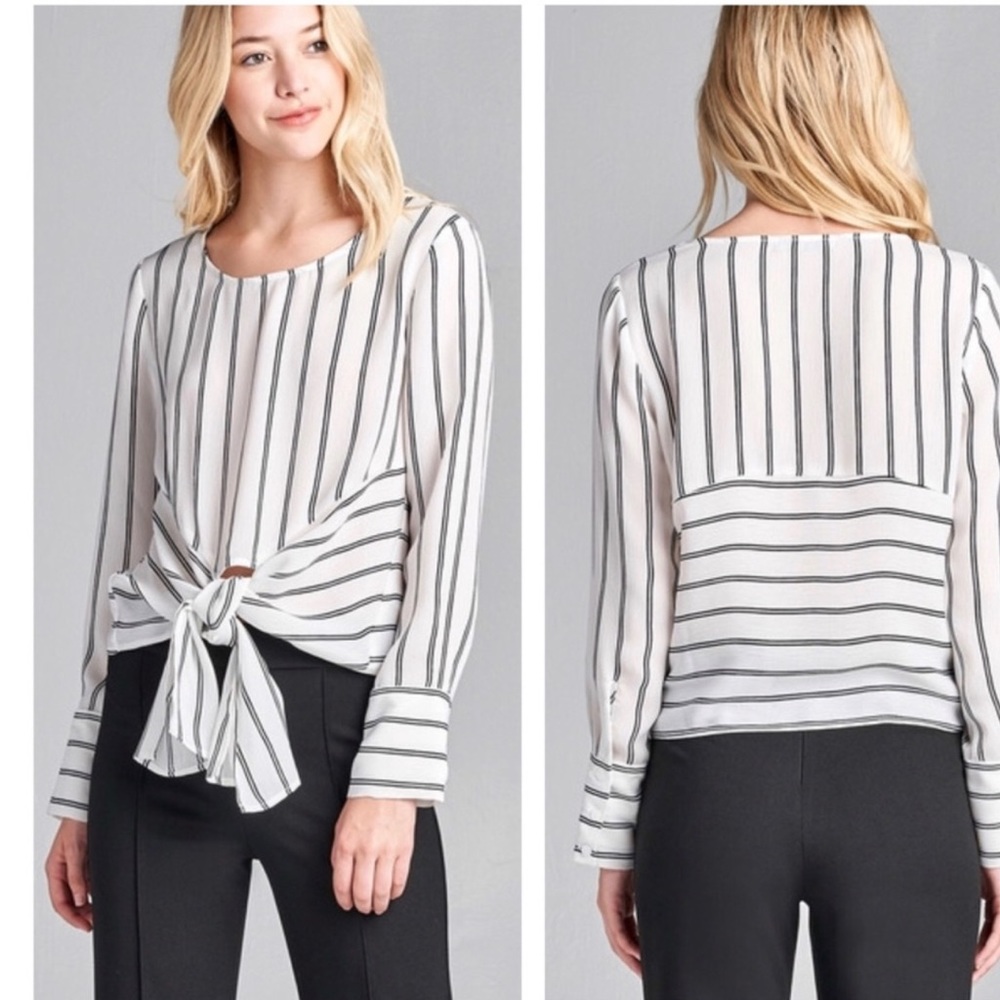 Striped bottom tie long sleeve blouse - Picture 3 of 4